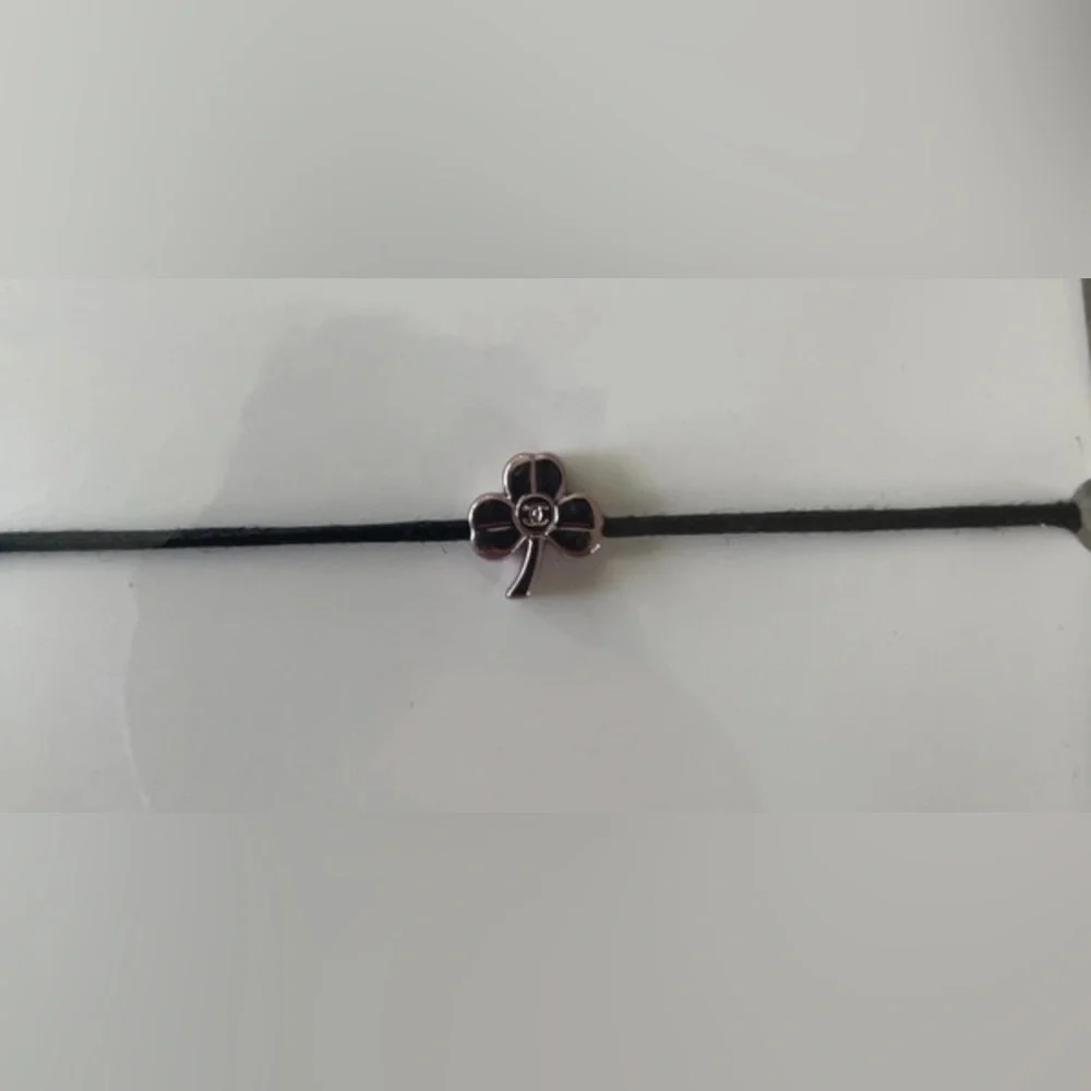 CHANEL rare Black Cord Bracelet with four-leaf clover charm in silver Accent NEW - Picture 2 of 4